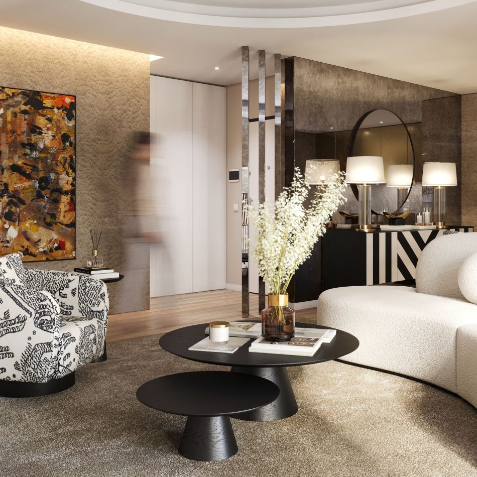 A curved cream sofa and patterned armchair define a bright living area, framed by pedestal tables and a marble console beneath a mounted TV. Natural light enters through large glass doors, softening the textures and enhancing the calm palette. This environment embodies comfortable living room furniture, enriched by elegant contemporary furniture, and arranged to inspire serene living room inspiration.