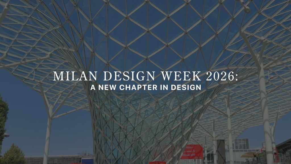A sweeping glass-and-steel canopy forms a dynamic geometric lattice, framing the announcement of Milan Design Week 2026: A New Chapter in Design. The structure’s fluid yet architectural rhythm mirrors the event’s exploration of space, material, and contemporary living. This visual captures the essence of Milan’s design culture, where innovation meets craftsmanship, shaping the future of bold interior design inspiration, luxury furniture design, and modern furniture.