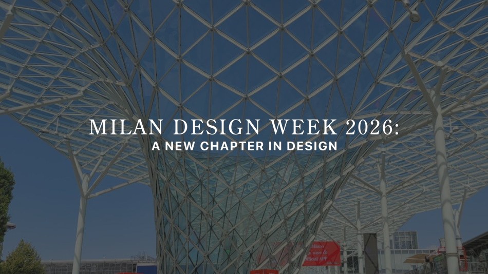 A sweeping glass-and-steel canopy forms a dynamic geometric lattice, framing the announcement of Milan Design Week 2026: A New Chapter in Design. The structure’s fluid yet architectural rhythm mirrors the event’s exploration of space, material, and contemporary living. This visual captures the essence of Milan’s design culture, where innovation meets craftsmanship, shaping the future of bold interior design inspiration, luxury furniture design, and modern furniture.