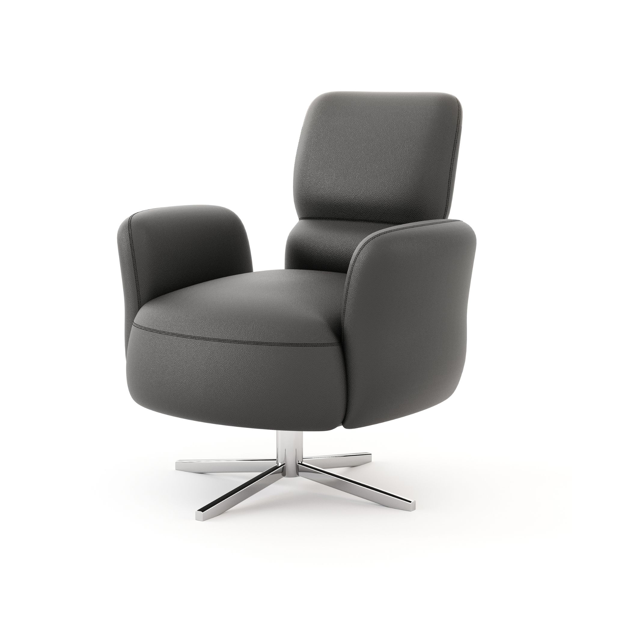 A sleek black Margem Swivel Chair with smooth upholstery and a polished metal base embodies the sharp, intentional look of a Miranda‑Priestly‑inspired workspace. Its sculptural silhouette and refined comfort echo modern office furniture, elevated design details, and the quiet authority of luxury home furniture.