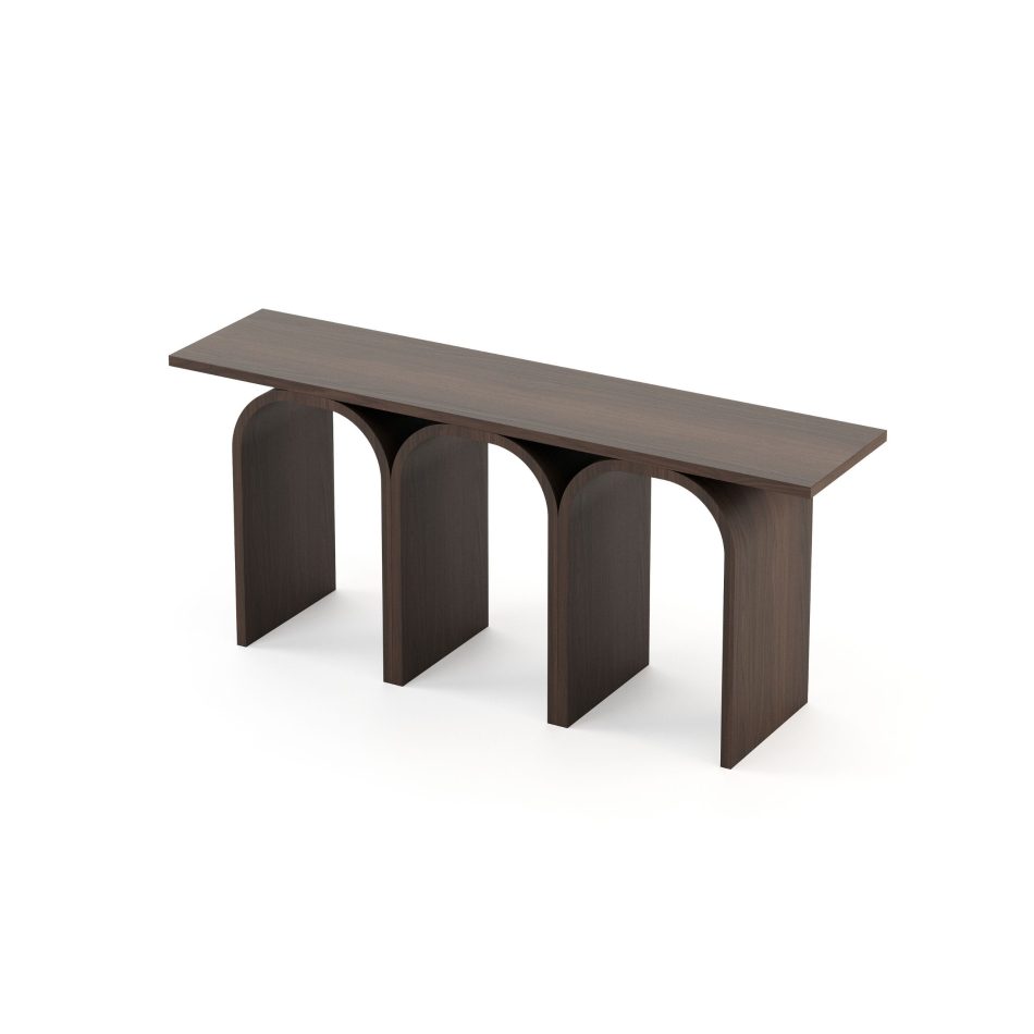 The Antónia Console stands with three sculptural arches rising beneath its wooden top, echoing the bridges of Porto that inspired its form. Light moves gently across the dark wood, revealing curves shaped by patience and quiet strength. The piece embodies crafted luxury furniture, architectural interior design and timeless homedecor.