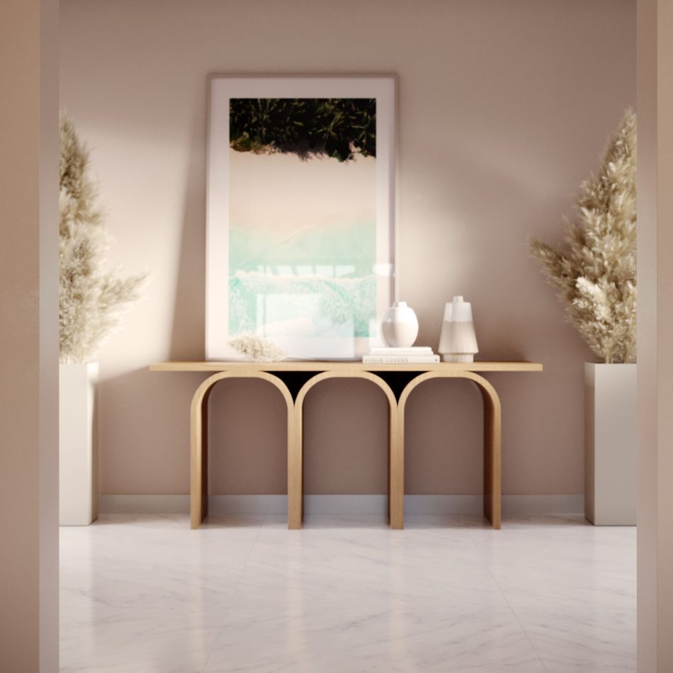 The Antónia Console sits centered beneath a framed aerial artwork, its three wooden arches echoing the room’s balanced, minimalist symmetry. Tall planters with soft grasses frame the composition, while polished flooring and warm lighting create a refined, tranquil ambiance. The moment expresses sculptural homedecor, understated luxury furniture and harmonious interior design.