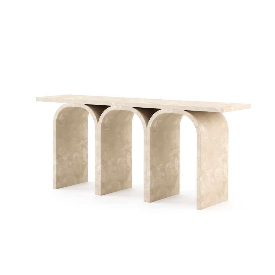 The Antónia Console in microcement reveals the full rhythm of its arches, rising, meeting and supporting with effortless grace. The microcement surface catches the light softly, recalling the calm persistence of Antónia Ferreirinha and the bridges that shaped its inspiration. The moment reflects sculptural luxury furniture, thoughtful interior design and grounded homedecor.