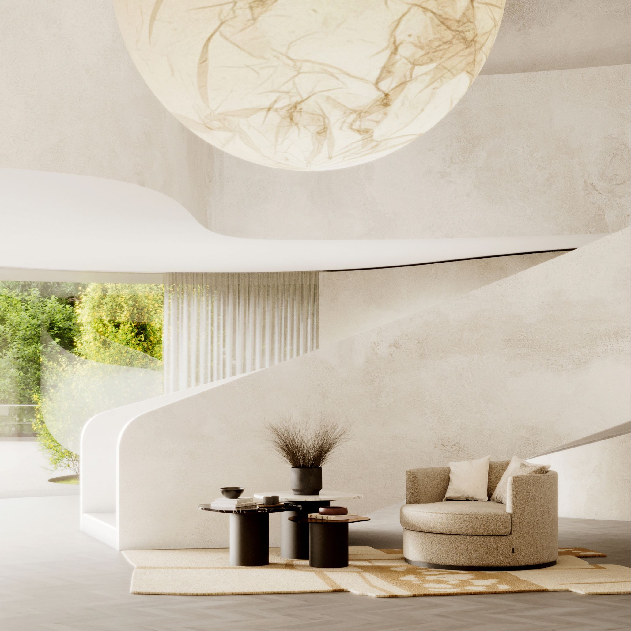 The entrance hall features the Natur Side Tables with their soft, organic silhouettes paired with the sculptural Empire Armchair, all set against warm natural light and quiet architectural lines. The composition reflects the shift toward materials that feel grounded and imperfectly beautiful, echoing nature’s own geometry. The space embodies thoughtful organic furniture, calm natural interiors, and the crafted presence of contemporary furniture design.