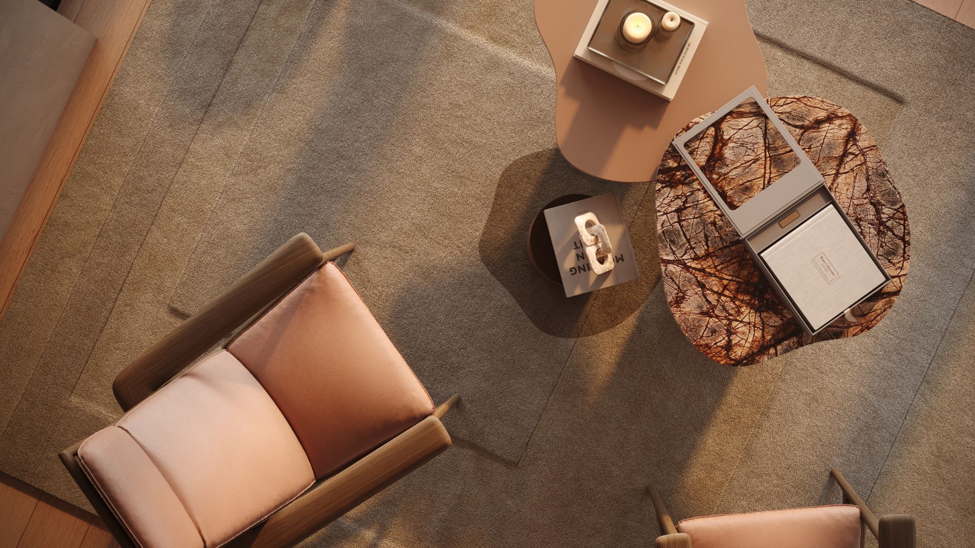 Natur Side Tables set with organic, stone‑inspired tops sit between curved upholstered chairs, creating a warm, intimate lounge defined by natural textures and gentle light. The organic shapes soften the space, echoing the instinctive comfort of forms shaped by nature. The scene reflects calm organic furniture, a grounded sense of natural interiors, and the sculptural presence of contemporary design.