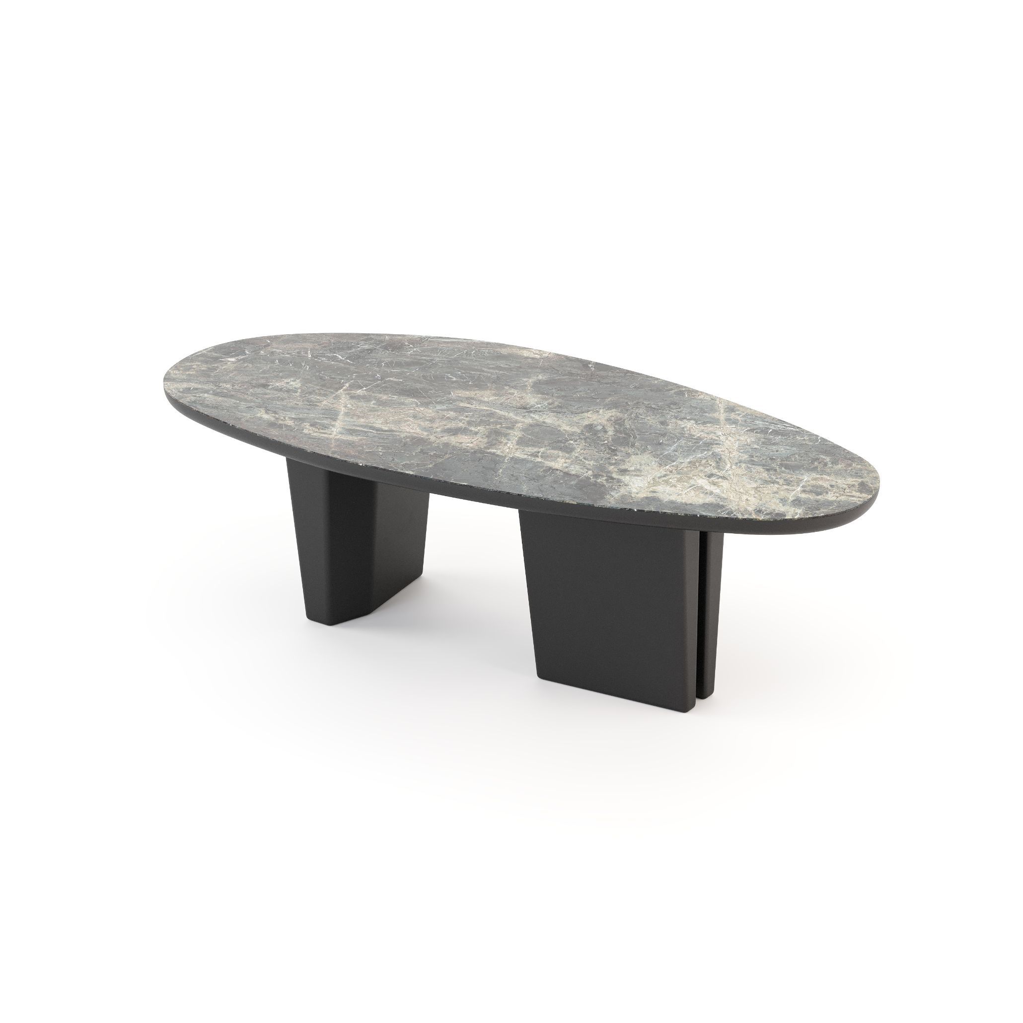 A stone dining table with an oval, softly veined marble top rests on two sculptural bases, its form echoing the patient shaping of river‑smoothed stone. The minimalist structure lets the material speak, grounding the room with natural weight and quiet elegance. The piece embodies expressive stone furniture, the calm balance of organic interiors, and the crafted honesty of contemporary design.