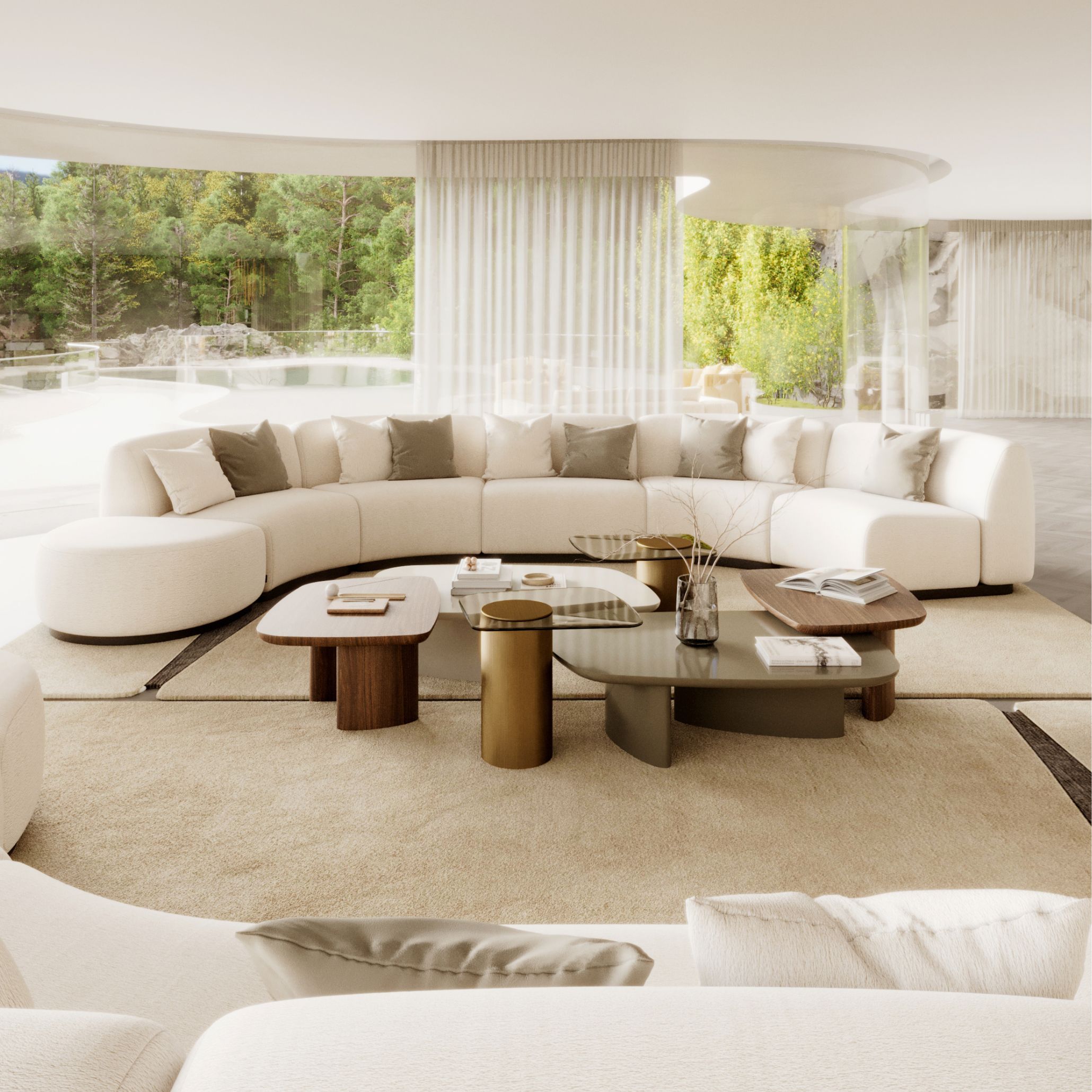 A curved configuration of the Stone Sofa anchors a spacious living room, its generous volumes and soft neutral upholstery illustrating the transformative potential of modular sofas. Surrounded by sculptural coffee tables and framed by sheer curtains with views of greenery, the setting embodies a harmonious sofa design that adapts naturally to different lifestyles. The warm, minimalist atmosphere reflects the sculptural presence and versatility of contemporary furniture.