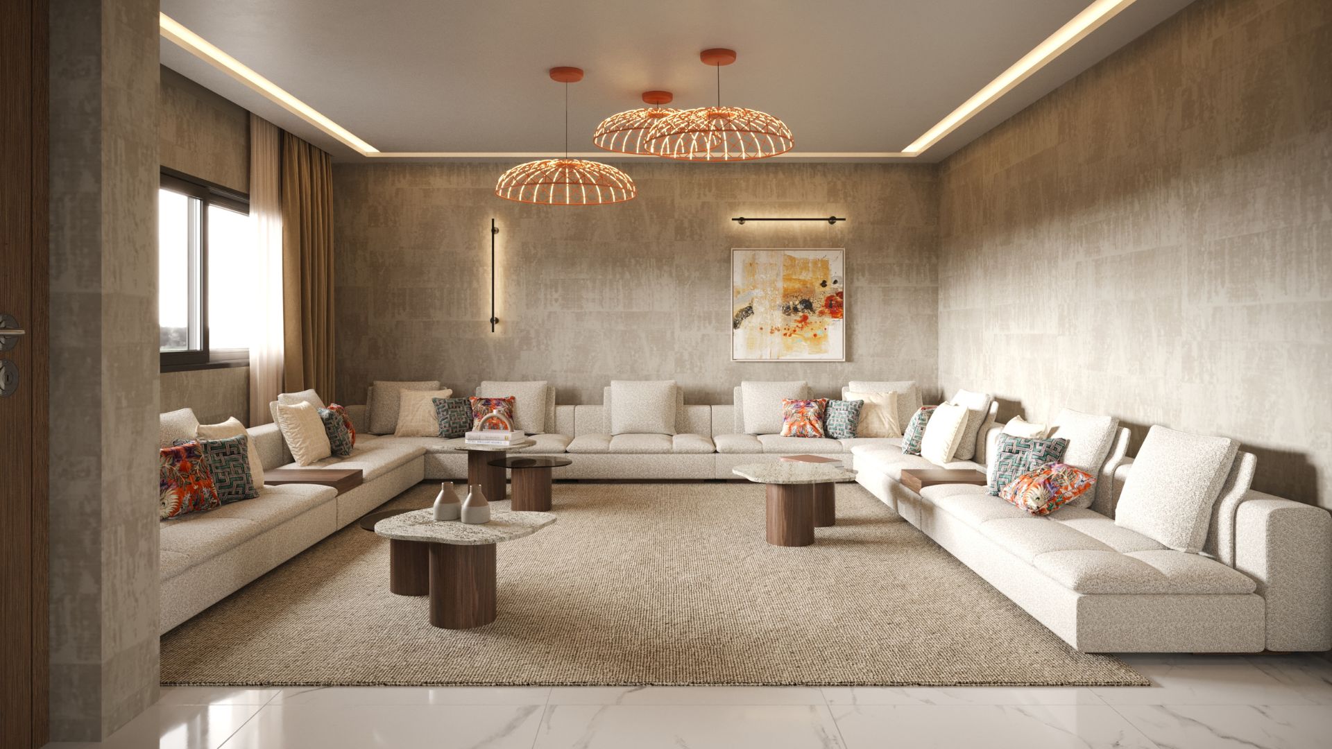 The living room features an U‑shaped arrangement of the margem modular sofa in soft beige tones, styled with patterned and solid cushions that enhance the room’s calm, inviting atmosphere. Three rounded coffee tables with stone and wood finishes sit atop a textured rug, illustrating how thoughtful sofa design can define different living areas while maintaining openness. Warm wall lighting, woven pendant lamps and a large abstract artwork contribute to a harmonious interior where adaptable contemporary furniture supports both everyday comfort and flexible spatial compositions.