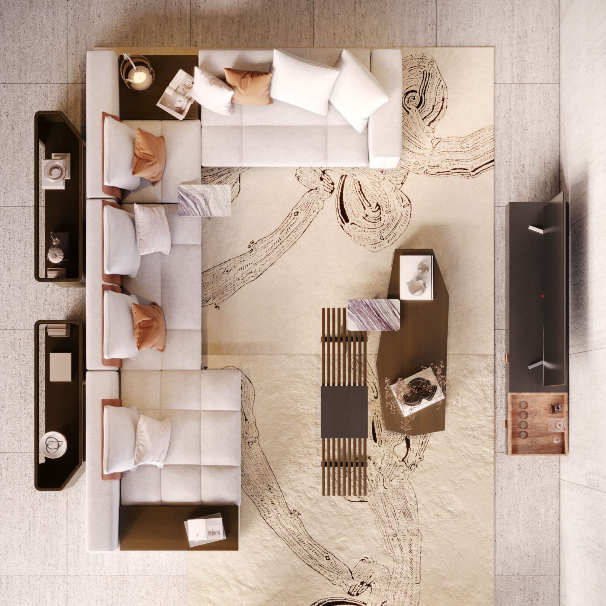 A sculptural arrangement of the Margem Sofa sits in a bright living space, its soft, rounded modules arranged around a textured rug and paired with marble‑topped side tables. The fluid silhouette and adaptable configuration evoke the expressive movement associated with modular sofas, transforming functional seating into an artistic presence. Natural light, warm tones and organic shapes reinforce a contemporary approach to sofa design within contemporary furniture interiors.