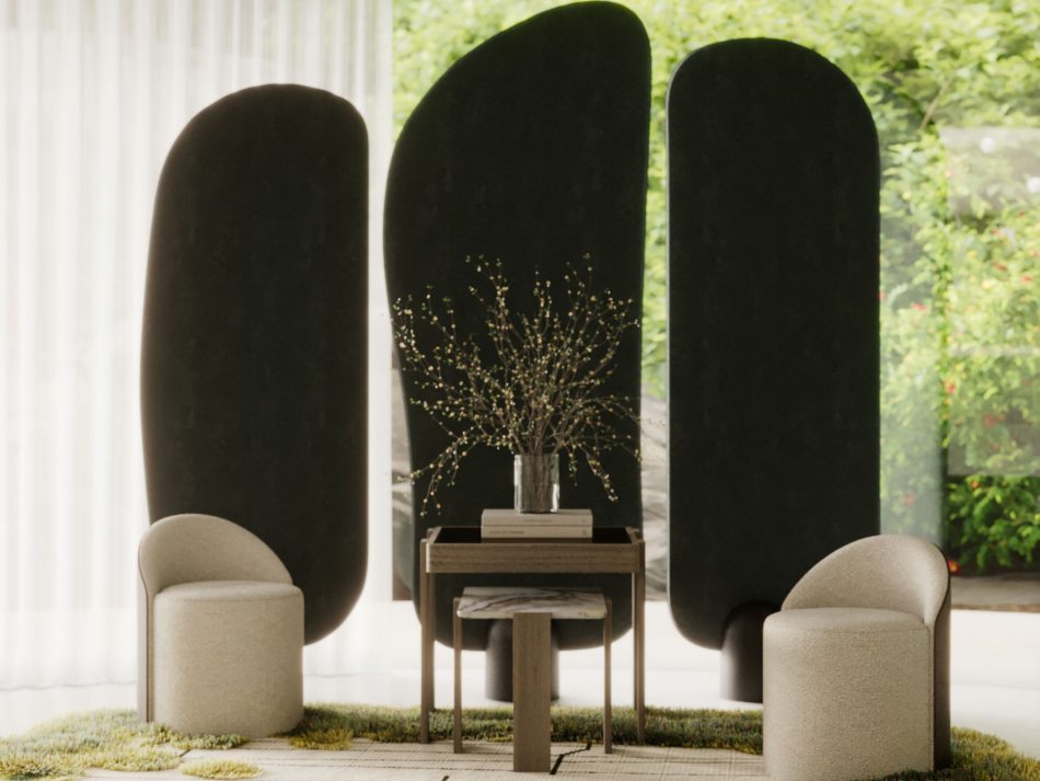 Soft light fills the entrance hall, where the Stone Screen creates a gentle architectural enclosure. In front of it, the Foz Side Table holds a simple branch arrangement, framed by two Elis Stools that draw the composition inward. Natural textures, curved forms and muted tones shape a calm moment of arrival, reflecting thoughtful interior design, balanced contemporary interiors and sculptural architectural design.