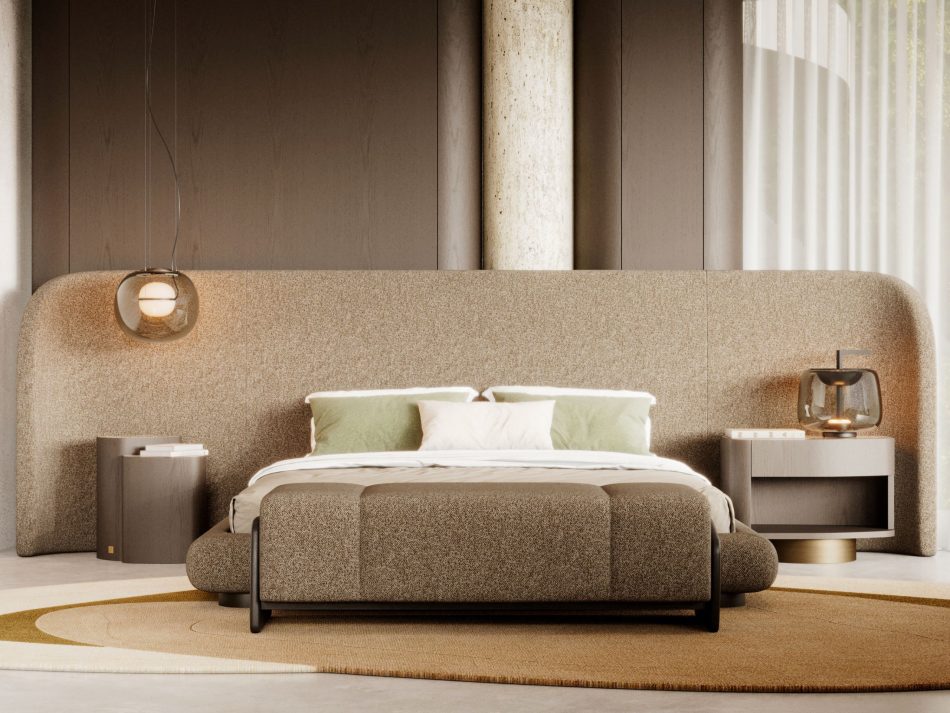 The Stone Bed anchors the suite with a calm, grounded presence, framed by the Stone Night Table III on one side and the Dolomites Side Table on the other. At the foot of the bed, the Margem Bench introduces softness through its rounded, upholstered form. Warm tones, layered textures and gentle daylight shape a serene composition that reflects crafted bedroom furniture, luxury bedroom furniture and the quiet clarity of minimalist design.