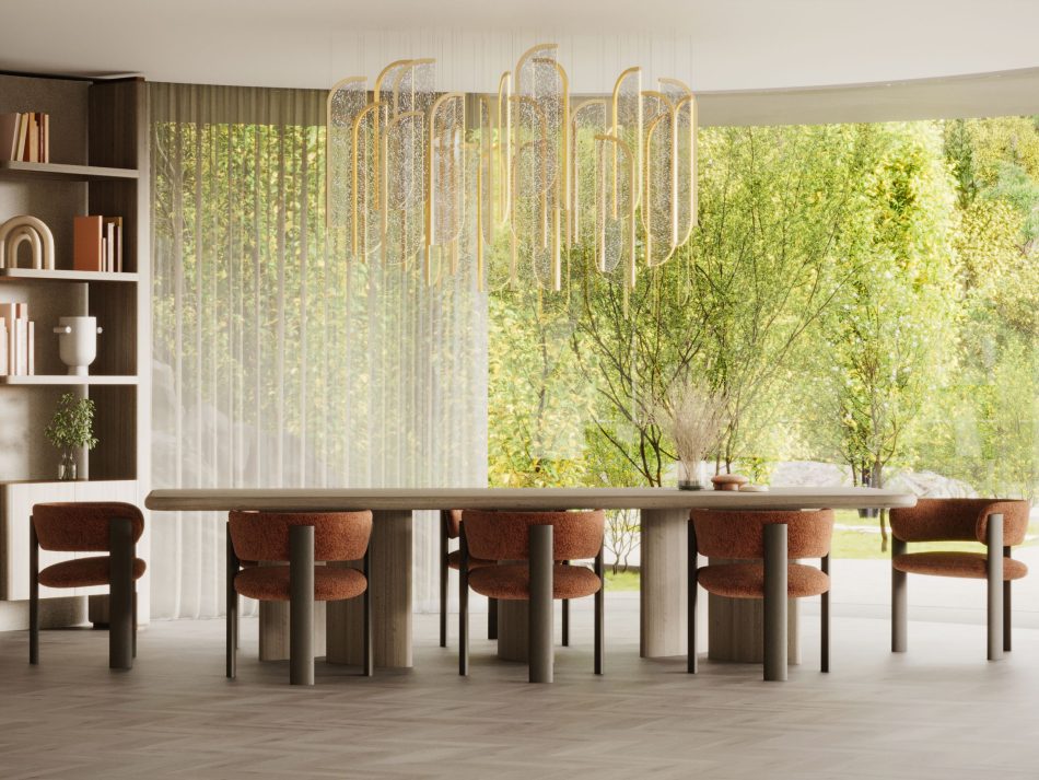 The Dolomites Dining Table anchors the room with its generous wooden surface, surrounded by Dolomites Chairs in deep, earthy upholstery. Soft daylight filters through the tall windows, warming the tones of the space and highlighting the quiet intensity of the materials. The composition reflects crafted luxury dining room furniture, warm living room furniture and the calm clarity of minimalist design.