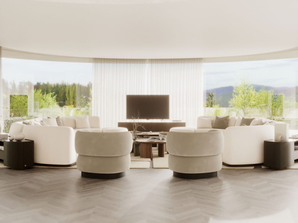 Two curved compositions of the Stone Sofa face one another, forming a soft circular enclosure that opens toward the landscape. At the centre, the Dolomites Coffee Table set introduces structure and warmth, grounding the room without interrupting the panoramic view. The space mixes sculptural living room furniture, quiet luxury furniture and the fluid clarity of minimalist design.
