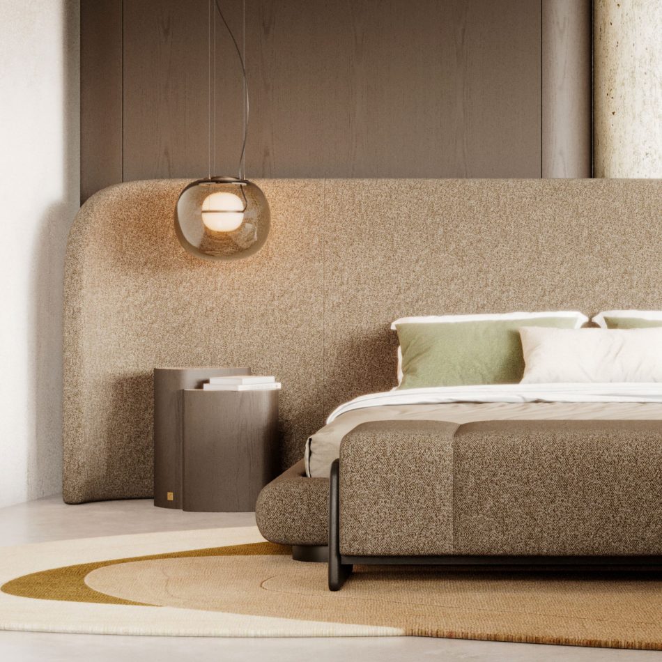 The Stone Bed sits against a smooth wooden wall, its organic headboard and neutral bedding shaping a quiet, contemporary atmosphere. The room reflects luxury home furniture, subtle bedroom architecture, and a grounded sense of contemporary furniture.