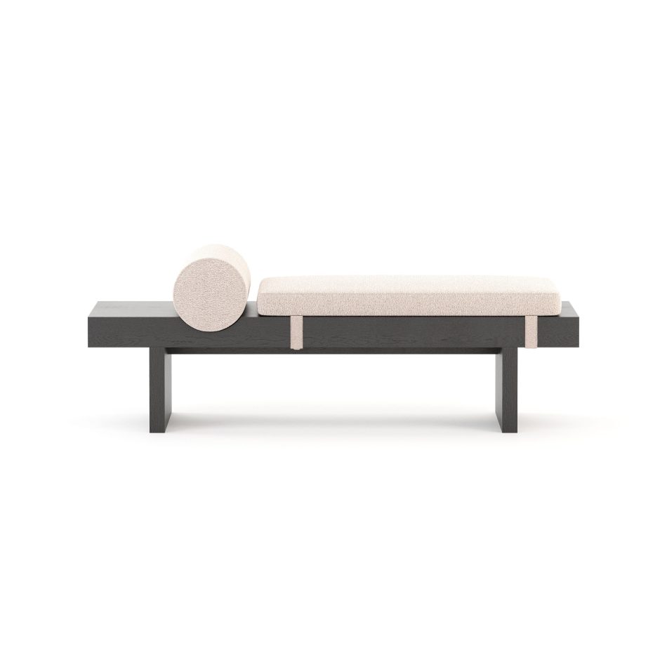 The side profile of the Toro Bench highlights its sculptural wooden structure and light upholstery, showcasing the harmony between firmness and softness. Designed with disciplined simplicity, it integrates seamlessly into luxury bedroom furniture and bespoke furniture environments, adding a subtle sense of balance and ease.