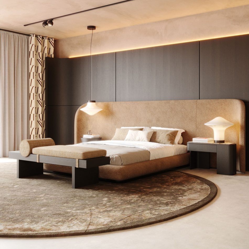 In a warm, minimalist bedroom, the Toro Bench complements the upholstered headboard and neutral bedding, its clean lines and bolster cushion reinforcing the room’s calm symmetry. The dark wood paneling and ambient lighting highlight bedroom furniture crafted with handmade furniture precision.