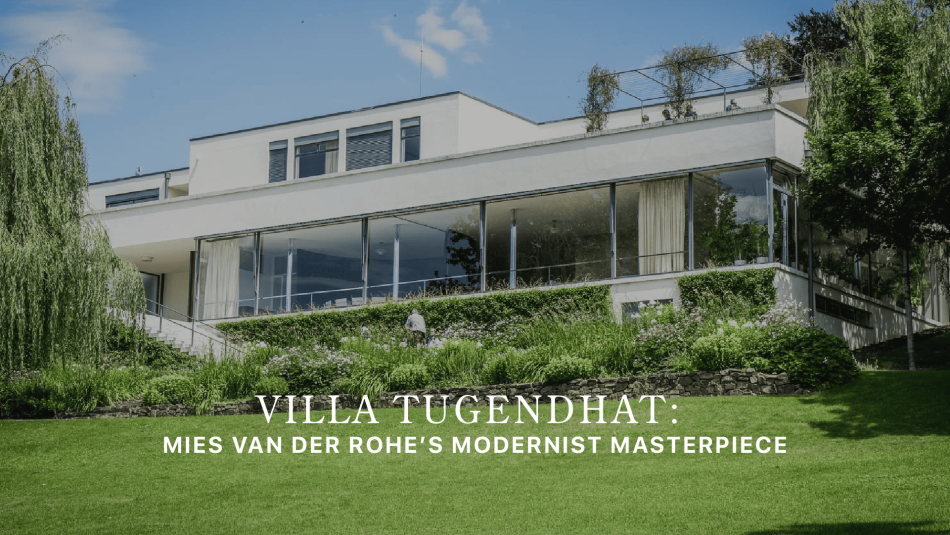 A view of Villa Tugendhat shows its clean white geometric volumes, expansive glazing, and minimalist terraces set within a landscaped garden. The composition highlights Mies van der Rohe’s modernist vision through refined design details, harmonious living room architecture, and timeless interior design inspiration.