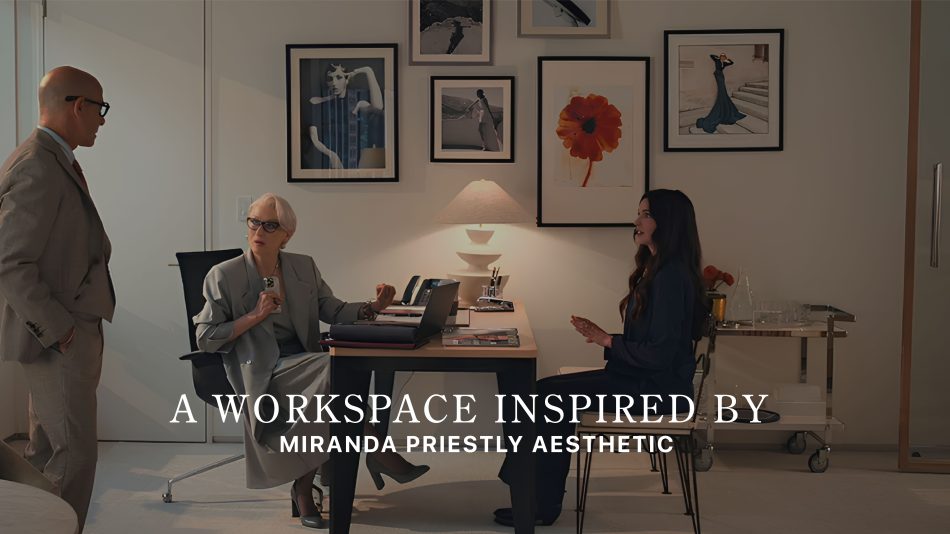 Three colleagues meet inside a fashion‑driven office designed in the sharp, elegant spirit of Devil Wears Prada 2, where framed editorial photography, sculptural décor, and soft daylight shape a quietly powerful workspace. The polished desk setup and styling reflect modern office furniture, elevated by subtle design details and cinematic interior design inspiration.