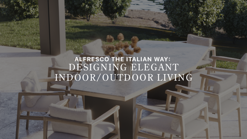 Banner image of the alfresco living, featuring the Escarpa Dining Table with a marble top and dark metal base, surrounded by the Toro Chair in natural solid wood with cream upholstery. Set on an open terrace with a manicured garden backdrop, this luxury dining table set captures the essence of bespoke dining room design brought outdoors, reflecting the Italian approach to seamless indoor-outdoor flow.