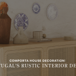 Banner image for the Comporta house decoration, featuring the Antónia Sideboard in natural oak with woven cane doors, styled with a emperador marble vessel, carved wood objects and traditional Portuguese blue and white ceramic plates on a textured white plaster wall. The modern sideboard and its decorative objects capture the handmade furniture craft and interior design inspiration that define Portugal's rustic Comporta aesthetic.