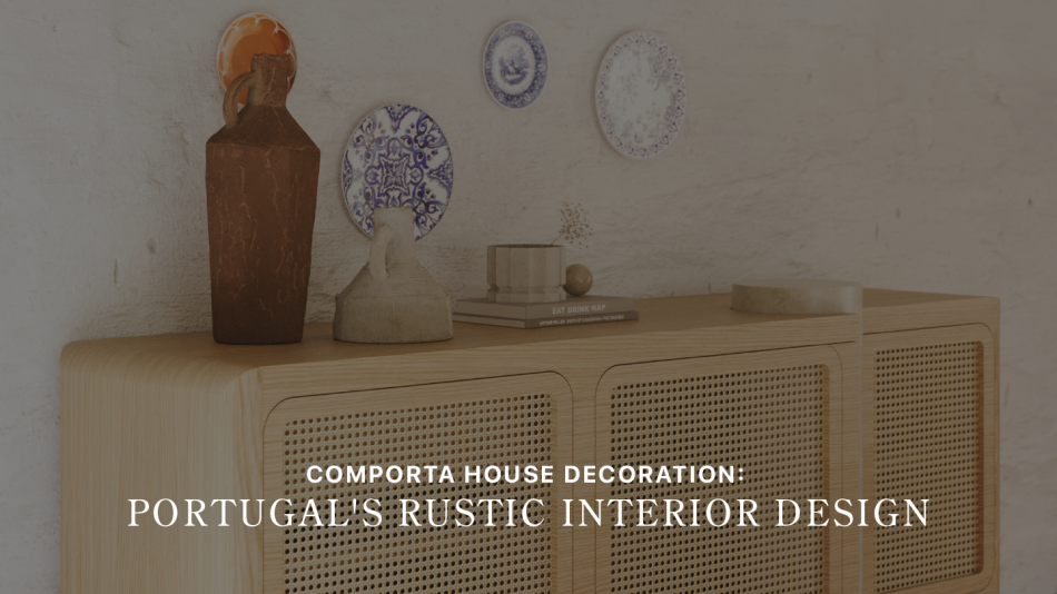 Banner image for the Comporta house decoration, featuring the Antónia Sideboard in natural oak with woven cane doors, styled with a emperador marble vessel, carved wood objects and traditional Portuguese blue and white ceramic plates on a textured white plaster wall. The modern sideboard and its decorative objects capture the handmade furniture craft and interior design inspiration that define Portugal's rustic Comporta aesthetic.