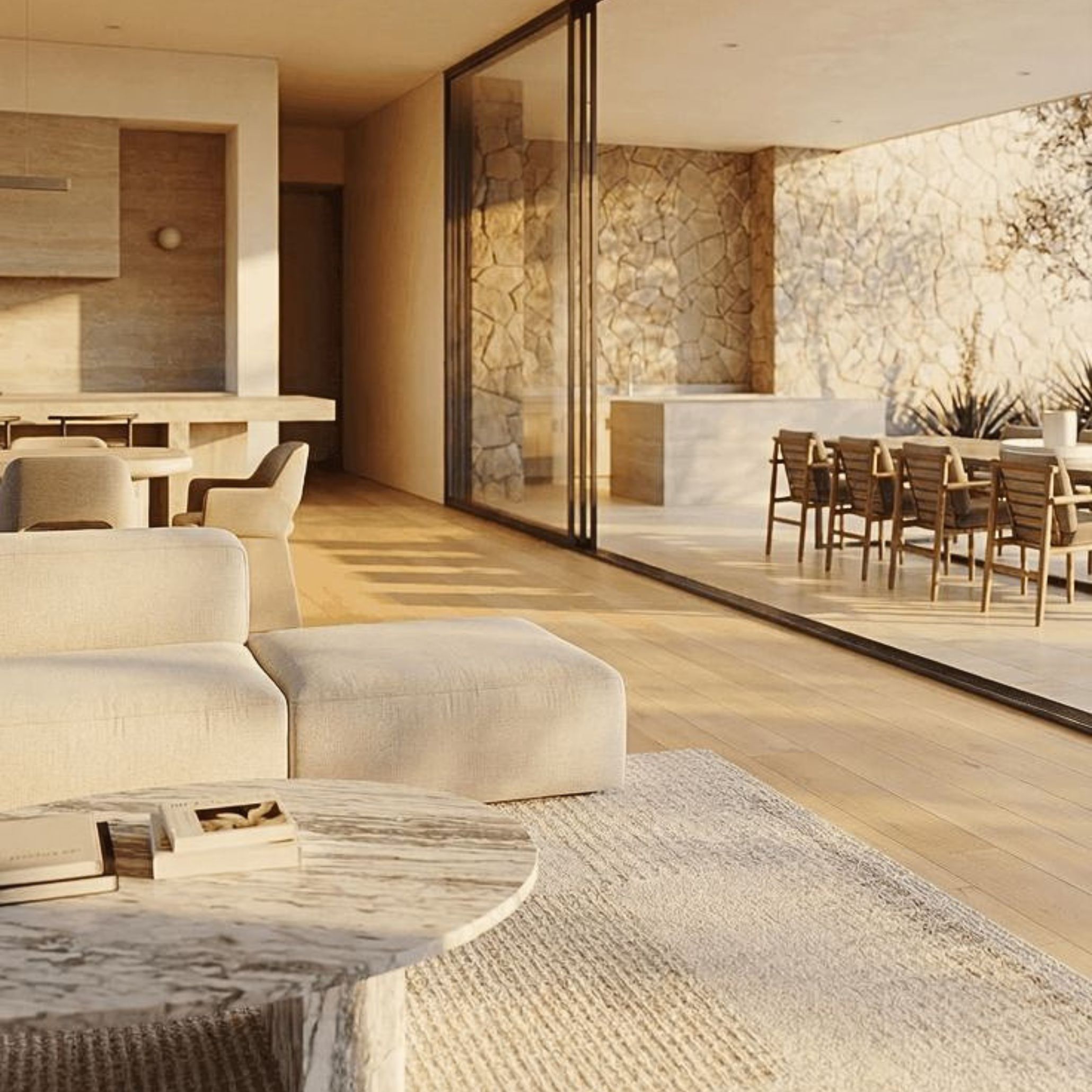 A warm neutral interior opens directly onto an alfresco dining terrace through full-height sliding glass doors, achieving effortless indoor-outdoor flow. The continuous solid wood flooring runs seamlessly from the bespoke living room to the outside, while a raw stone wall bridges both environments. Inside, a curved white sofa with soft upholstery and a luxury coffee table anchor the space, as natural light floods through and unifies the two areas.