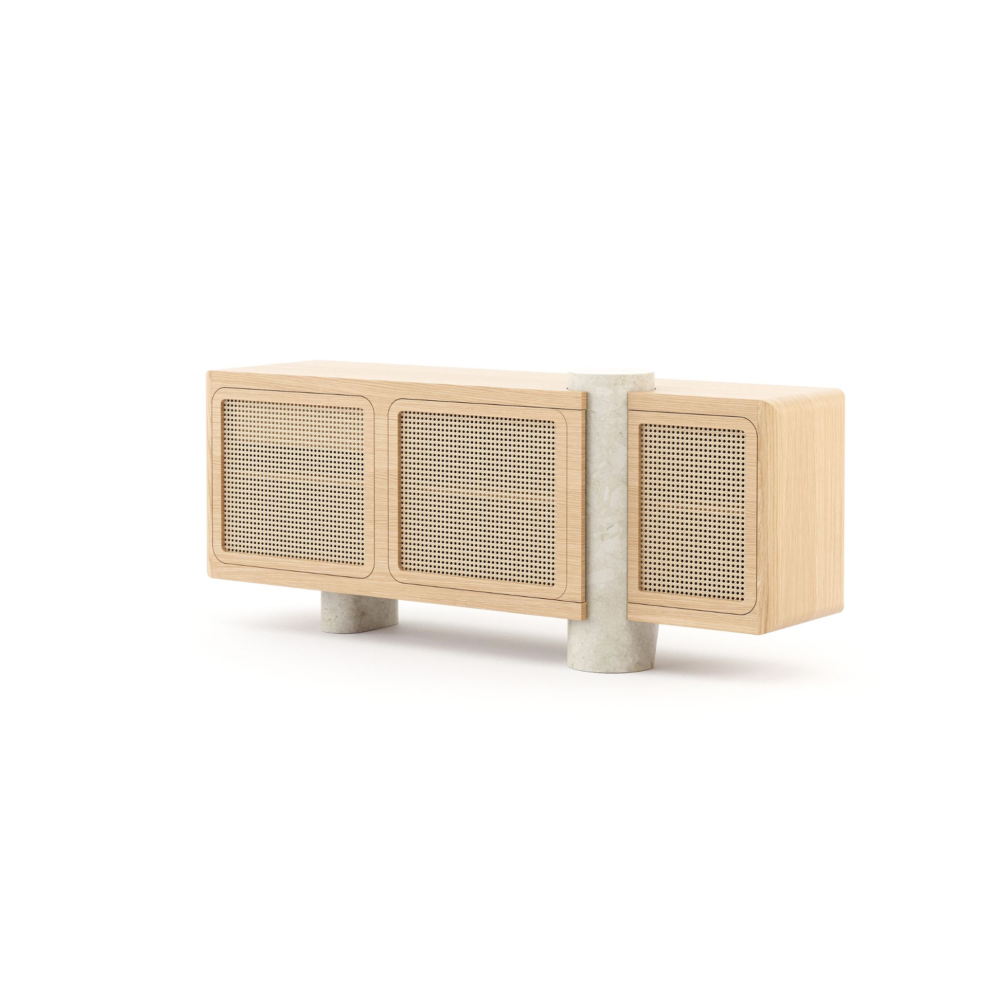 The Antónia Sideboard combines a natural oak body with straw door panels and cylindrical stone legs, creating a modern sideboard that balances handmade furniture craft with a refined organic aesthetic. The duality and contrast between warm wood texture and cool stone makes it a defining piece for bespoke dining room or living spaces rooted in the Comporta tradition of honest, purposeful design.