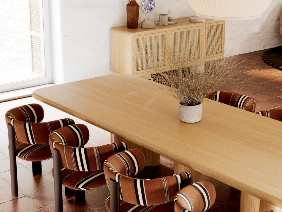 Comporta Wellness Centre dining space featuring the Dolomites Dining Table in solid wood and Dolomites Chairs in striped terracotta upholstery, a bespoke dining room where modern dining table design meets hospitality furniture, with the Antónia Sideboard in cane and oak grounding the room in quiet authenticity.
