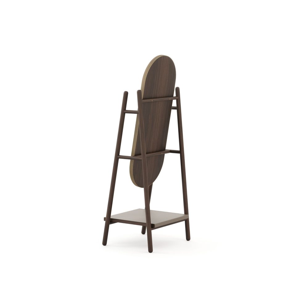 Rear view of the Landform Mirror, revealing the oval back panel in dark wood texture with a thin aged brass edge, set within the A-frame solid wood structure and lower storage shelf. A piece of mirror furniture where craftsmanship is present even in the details unseen, reflecting the best handmade techniques and material honesty of the Landform collection.