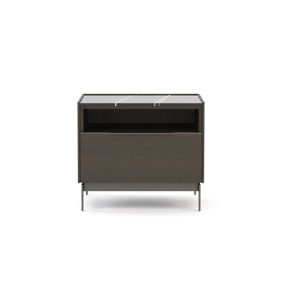 Front view of the Landform Night Table I, featuring a luxury marble top with delicate white veining, dark textured wood design body with an open shelf and push-to-open drawer, resting on slender metal legs. A quiet, considered piece of luxury bedroom furniture.