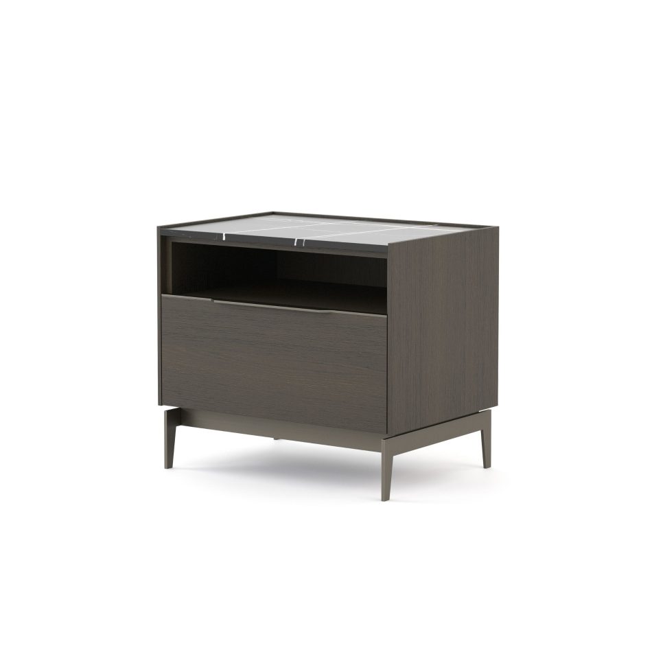 Landform Night Table I in dark solid wood with a black marble top with white veining, open shelf, and single drawer, raised on tapered metal legs. A elegant bedside piece that brings duality and contrast between materials into the bespoke bedroom with calm precision.