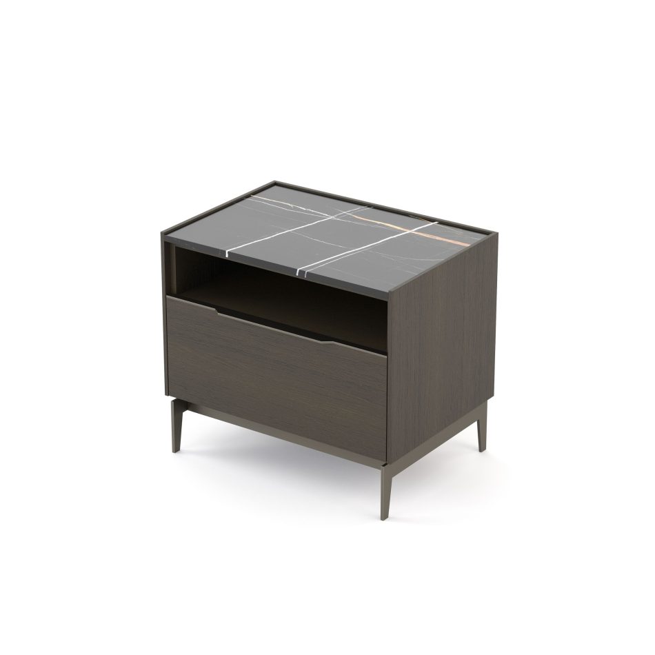Landform Night Table I in a darker wood, with a striking marble top in black with white veining. The wood texture body and tapered metal legs complete a piece of sophisticated bedroom furniture where material contrast speaks quietly but with conviction.