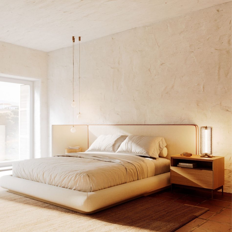 Sun-drenched bespoke bedroom with textured plaster walls, terracotta floor tiles, and a low platform bed flanked by two Landform Night Table I pieces in light oak. A warm, grounded setting that captures the essence of interior design inspiration, where luxury bedroom furniture sits quietly in the room without asking for attention.