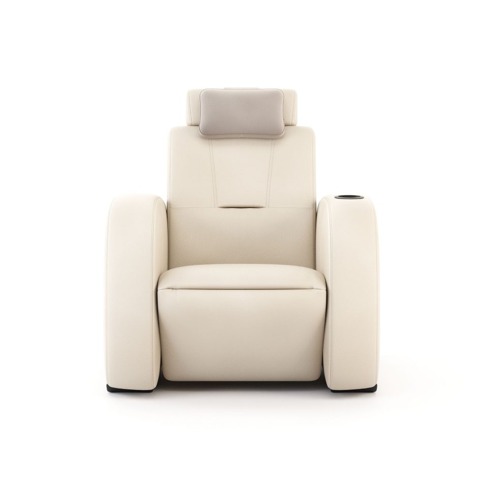 Lumière Cinema Armchair in cream leather upholstery, front view, featuring a high backrest with adjustable headrest cushion, integrated cup holder, and sculpted oversized armrests. A piece of high end furniture conceived for contemporary home cinema spaces, where minimalist design and precise proportions allow comfort to take shape without distraction.