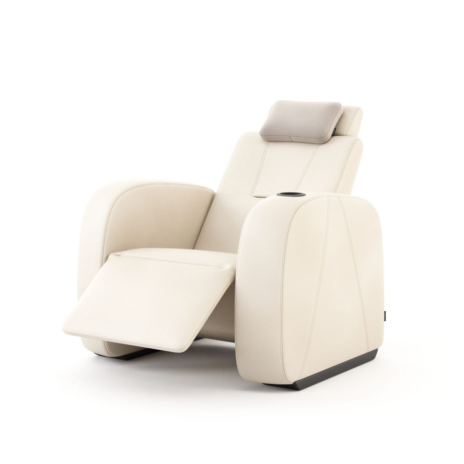 Lumière Cinema Armchair in cream leather upholstery shown in reclined position with footrest extended, demonstrating the smooth integrated reclining mechanism designed for extended viewing comfort. A custom furniture piece of quiet precision, where best handmade techniques and a discreet, body-conscious silhouette define a new standard for luxury furniture in contemporary home cinema interiors.