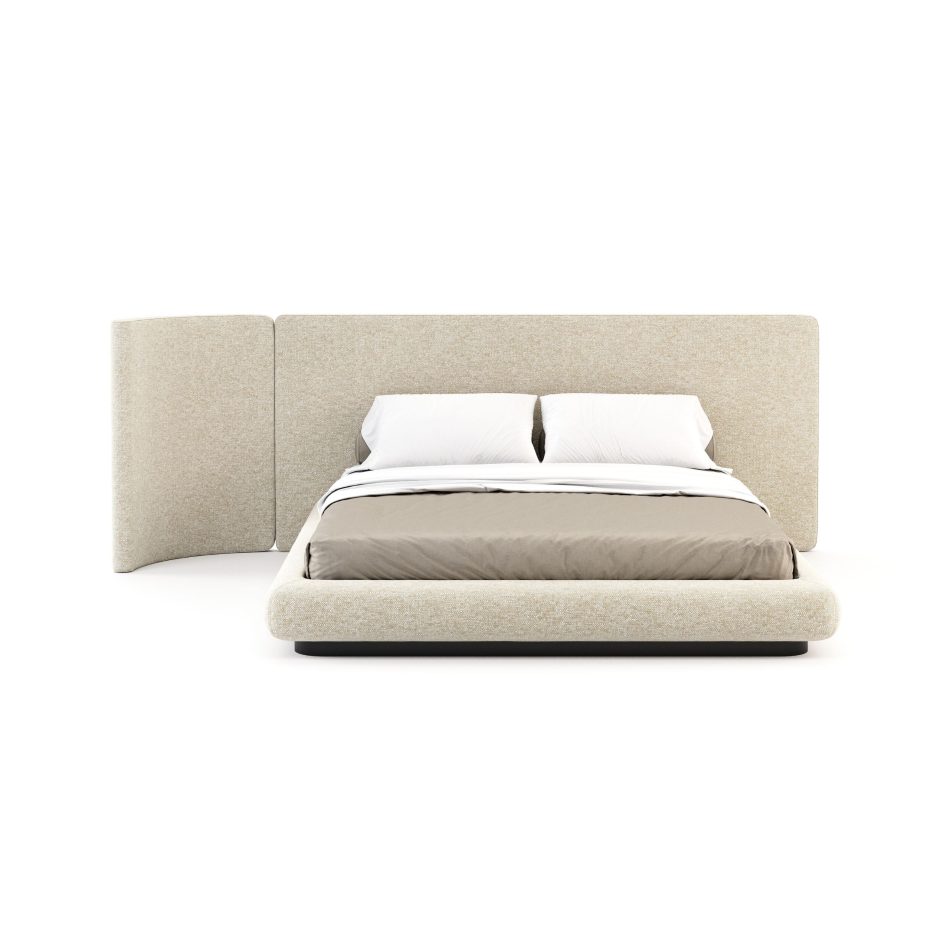 Natur Bed front view, its wide three-panel headboard in natural greige furniture upholstery fabric extending beyond the bed frame on both sides, with one panel curved inward to embrace the sleeping space. The rounded upholstered surround and dark wood base give the piece a grounded, sculptural presence,a defining work of sophisticated bedroom furniture and minimalist design rooted in organic form.