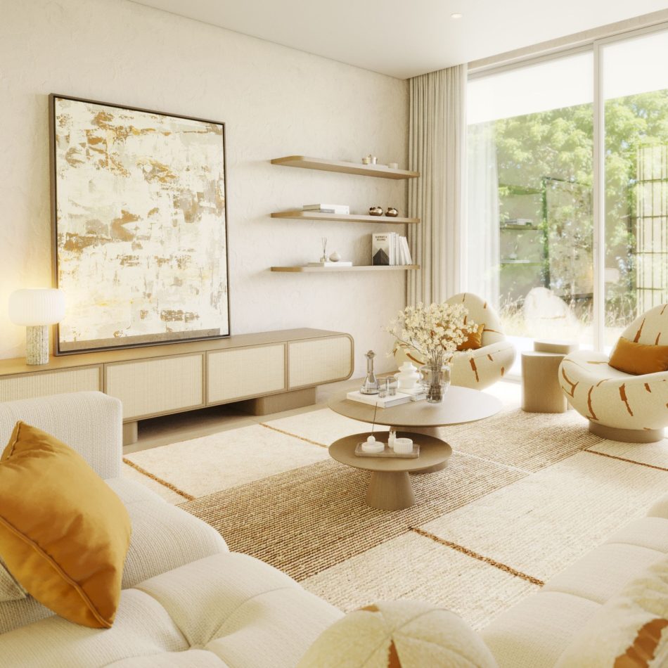 In a sunlit living room, the Natur TV Cabinet stretches along the wall in soft finest wood, its rounded silhouette and rattan panels echoed by the curved Stone Armchairs nearby. A layered jute rug and round coffee table in matching tones extend the cabinet's organic language across the room. This piece of contemporary furniture grounds a living room design built on texture, light, and natural form.