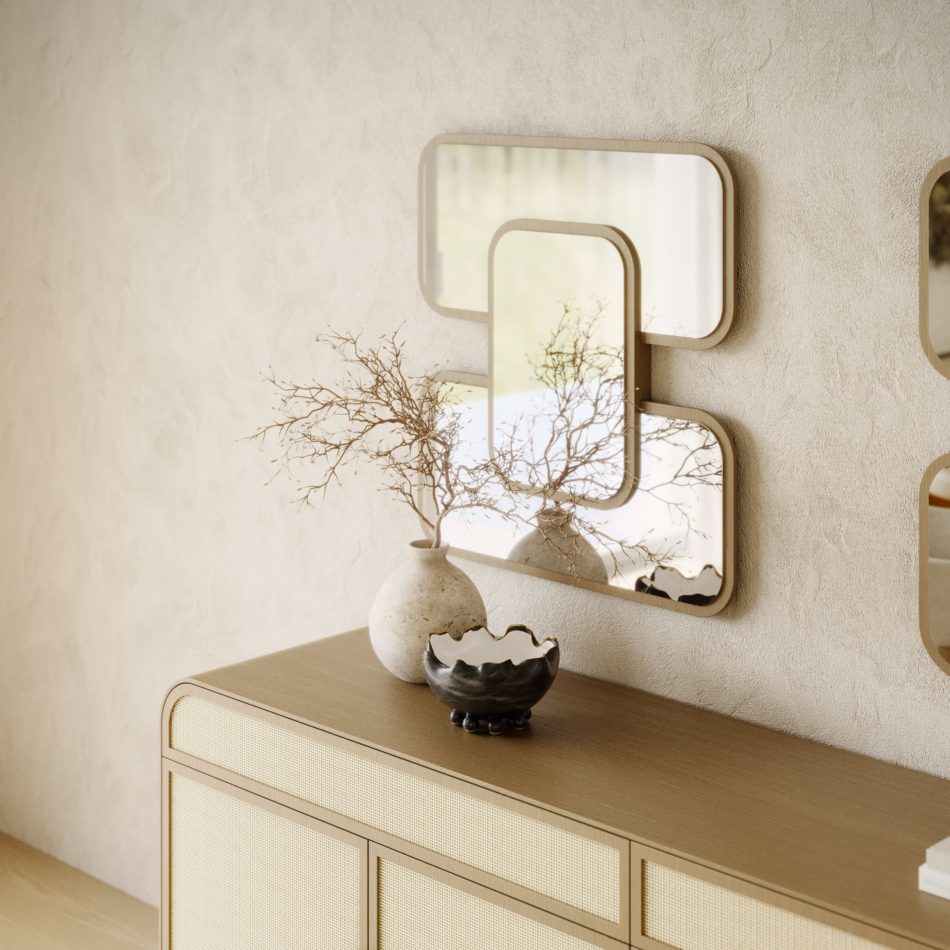 A minimalist mirror design composed of rounded rectangles that anchors a serene mirror for living room inside a curated bespoke living room, articulating refined mirror design ideas inspired by Designs For Modern Living Rooms; the geometric structure reinforces the clarity of a contemporary mirror design for wall, echoing the softness of a mirror for bedroom and shaping the identity of a calm bespoke living room aligned with Designs For Modern Living Rooms; the reflective surfaces strengthen the presence of a mirror for living room and expand the rhythm of thoughtful mirror design ideas, merging the serenity of a mirror for bedroom with the precision of a mirror design for wall; an elegant composition where the sculptural mirror design elevates the atmosphere of a refined bespoke living room, resonating with the sophistication of Designs For Modern Living Rooms.
