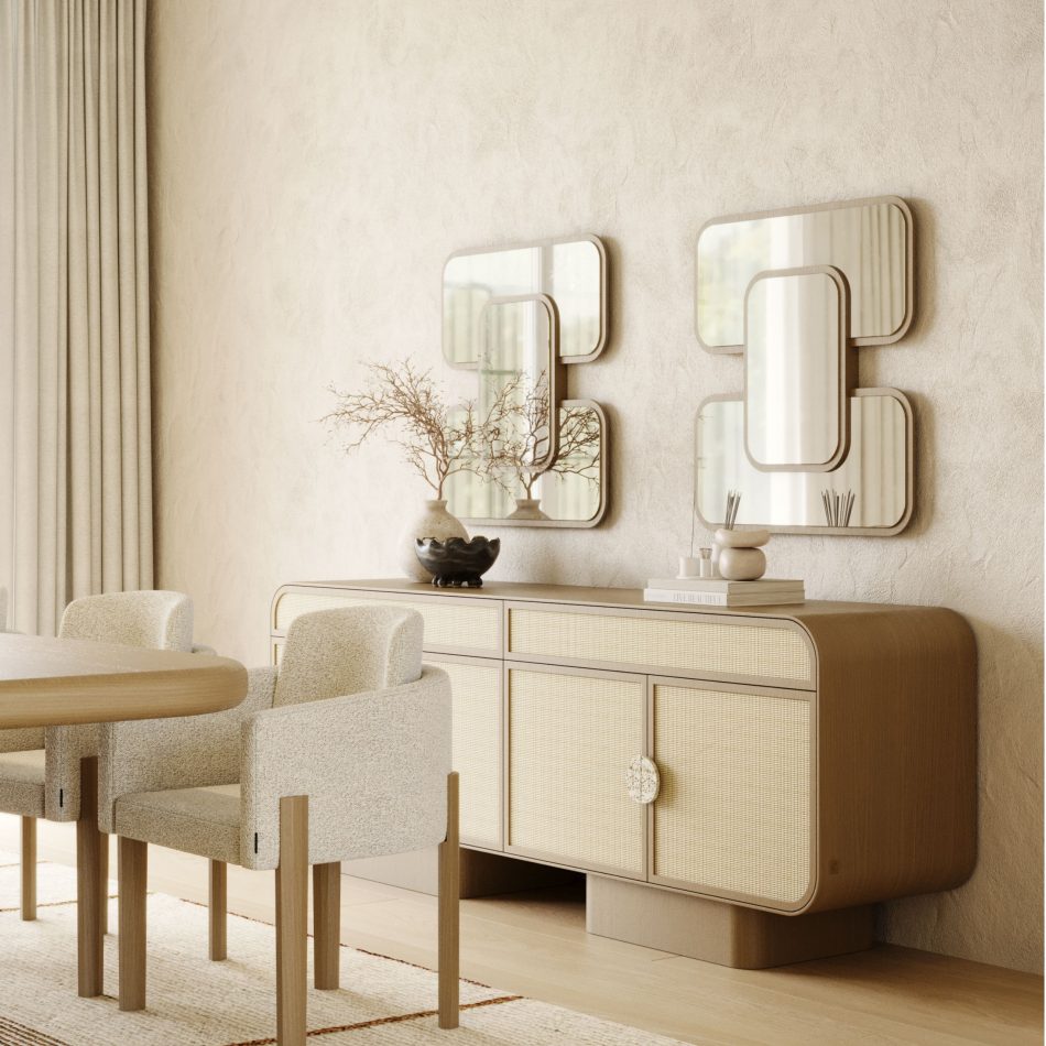 A symmetrical mirror design with dark framing that enhances the clarity of a sculptural mirror for living room within a sophisticated bespoke living room, expressing layered mirror design ideas inspired by Designs For Modern Living Rooms; the geometric arrangement reinforces the presence of a contemporary mirror design for wall, echoing the softness of a mirror for bedroom and shaping the identity of a tailored bespoke living room aligned with Designs For Modern Living Rooms; the reflective geometry strengthens the role of a mirror for living room and expands the rhythm of thoughtful mirror design ideas, merging the precision of a mirror design for wall with the calm of a mirror for bedroom; an elegant vignette where the sculptural mirror design elevates the atmosphere of a curated bespoke living room, resonating with the sophistication of Designs For Modern Living Rooms.