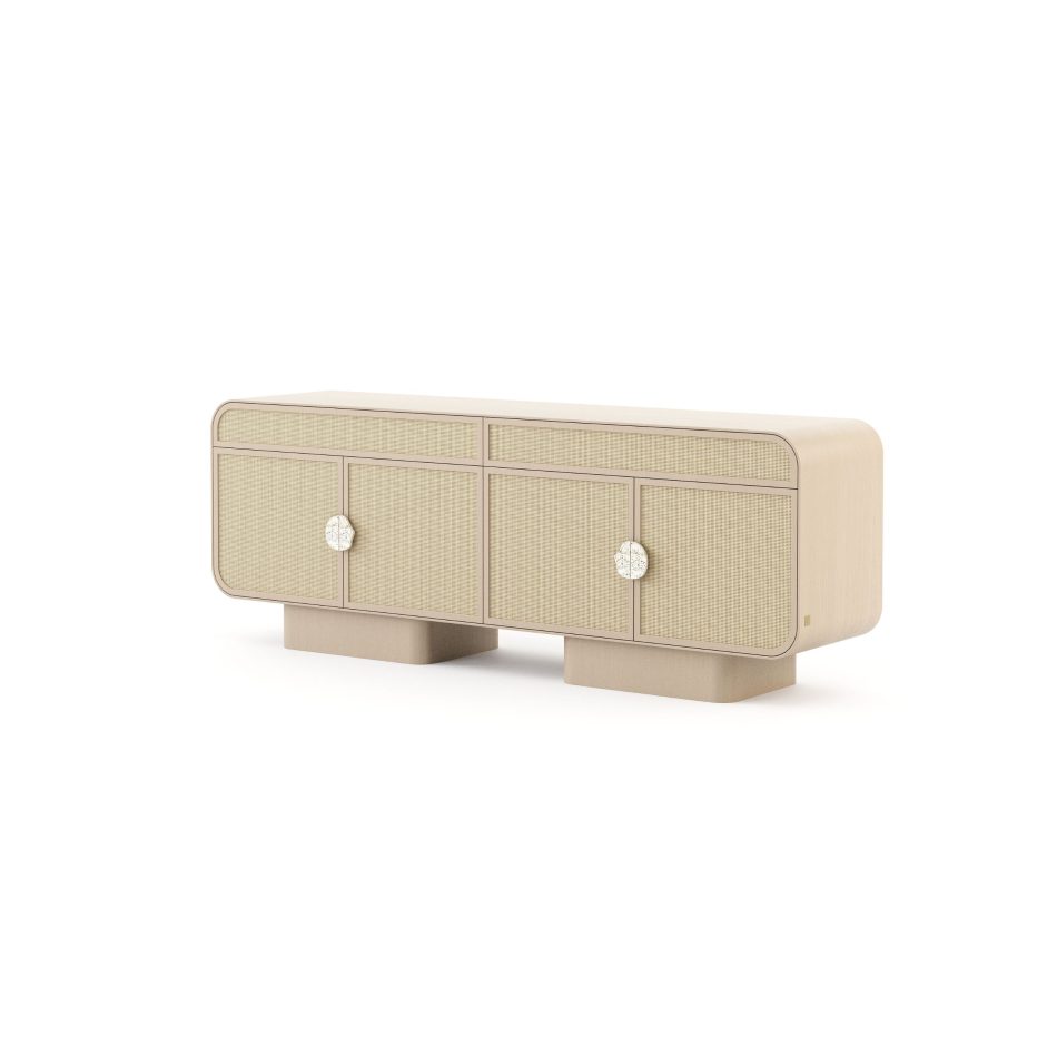 A textured modern sideboard with double knobs that defines a refined piece of living room furniture within a curated bespoke living room; the modern sideboard reinforces the purpose of furniture for living room through its pale panels, expressing the clarity of Designs For Modern Living Rooms; an elegant composition where the modern sideboard becomes luxury living room furniture, enhancing the presence of living room furniture and supporting the identity of a bespoke living room shaped by Designs For Modern Living Rooms.