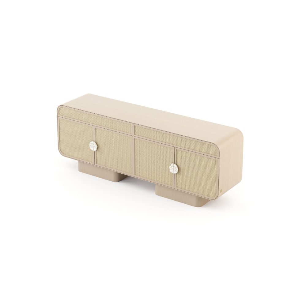 A minimalist modern sideboard with rounded edges that enriches the ensemble of living room furniture in a warm bespoke living room; the modern sideboard articulates the function of furniture for living room through subtle textures that mirror Designs For Modern Living Rooms; a balanced setting where the modern sideboard embodies luxury living room furniture, strengthening the presence of living room furniture and deepening the identity of a bespoke living room guided by Designs For Modern Living Rooms.