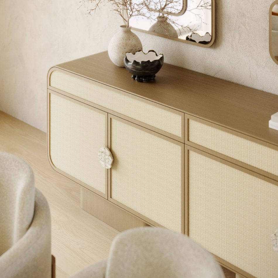 A minimalist vignette featuring a woven‑front modern sideboard that integrates seamlessly with surrounding living room furniture in a soft bespoke living room environment; the modern sideboard reinforces the clarity of furniture for living room through sculptural knobs and calm textures that reflect Designs For Modern Living Rooms; an elegant composition where the modern sideboard stands as luxury living room furniture, enhancing the presence of living room furniture and deepening the character of a bespoke living room shaped by Designs For Modern Living Rooms.