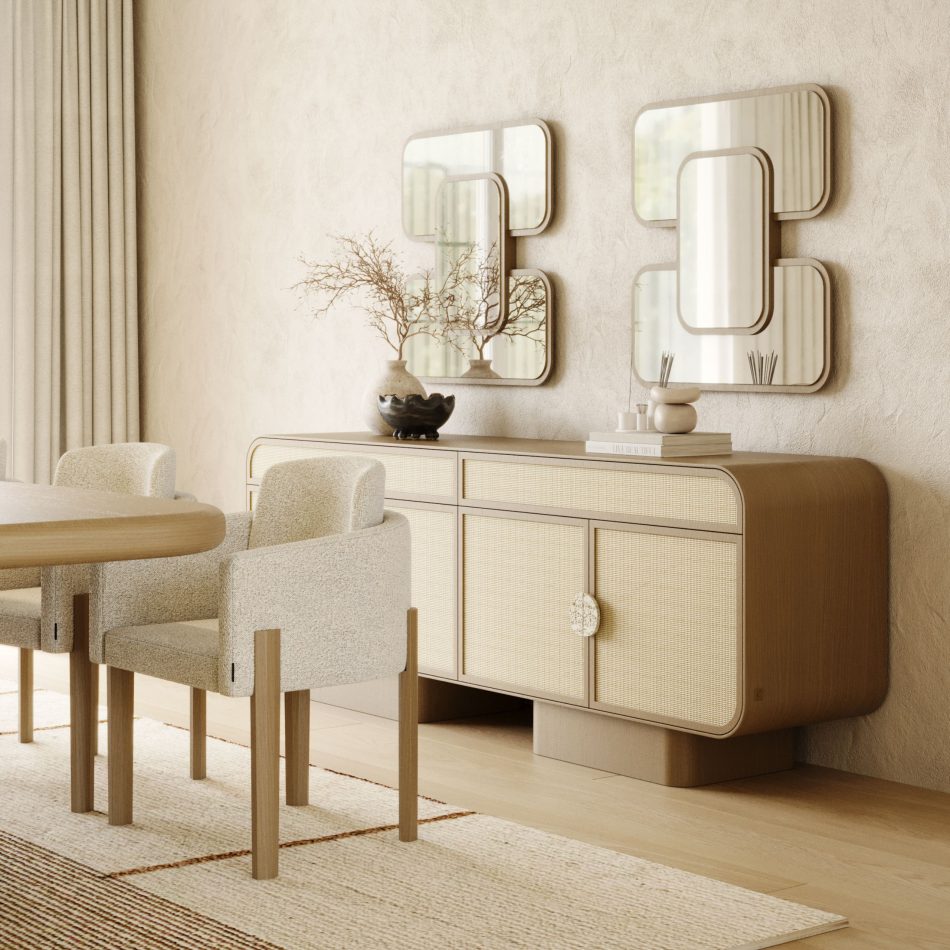 A serene dining setting anchored by a textured modern sideboard that complements surrounding living room furniture within a curated bespoke living room atmosphere; the modern sideboard enhances the presence of furniture for living room through woven panels that echo Designs For Modern Living Rooms; a refined composition where the modern sideboard aligns with luxury living room furniture, enriching the dialogue of living room furniture and shaping the identity of a bespoke living room inspired by Designs For Modern Living Rooms.