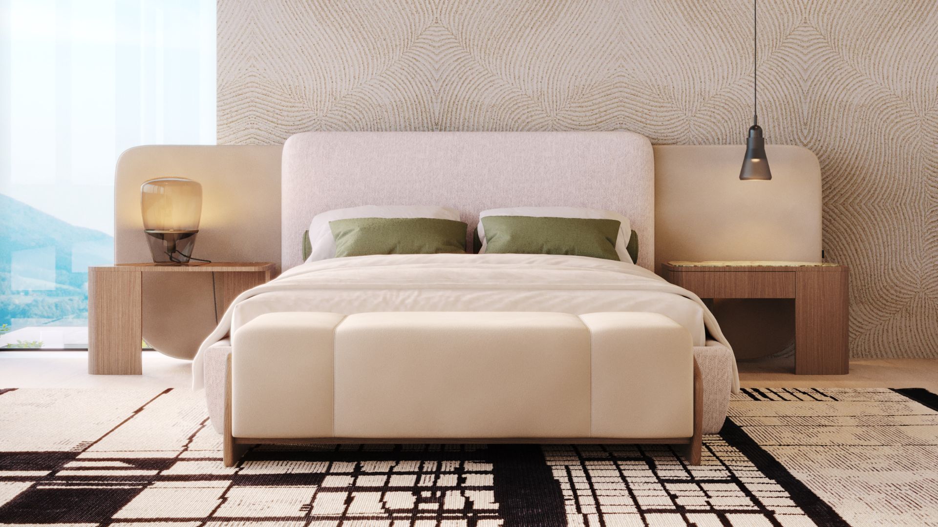 Master bedroom with the Margem bed in soft neutral upholstery and walnut Margem night tables, styled for wellness interior design with sage pillows and natural textures, an example of quiet bedroom furniture and luxury furniture.