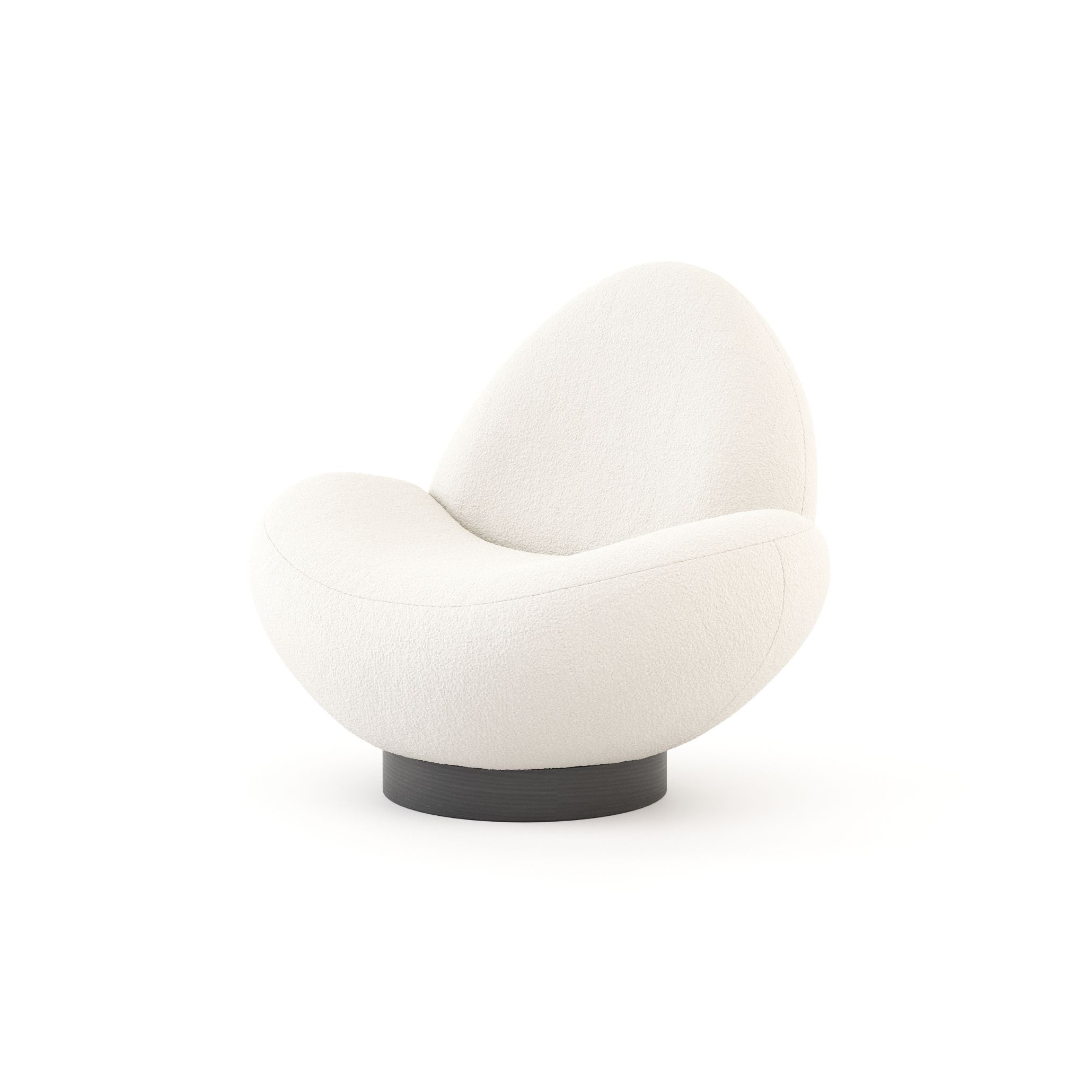 Bouclé Stone Armchair with a rounded, organic silhouette on a dark wood base, designed for wellness interior design and moments of calm within a wellness space.