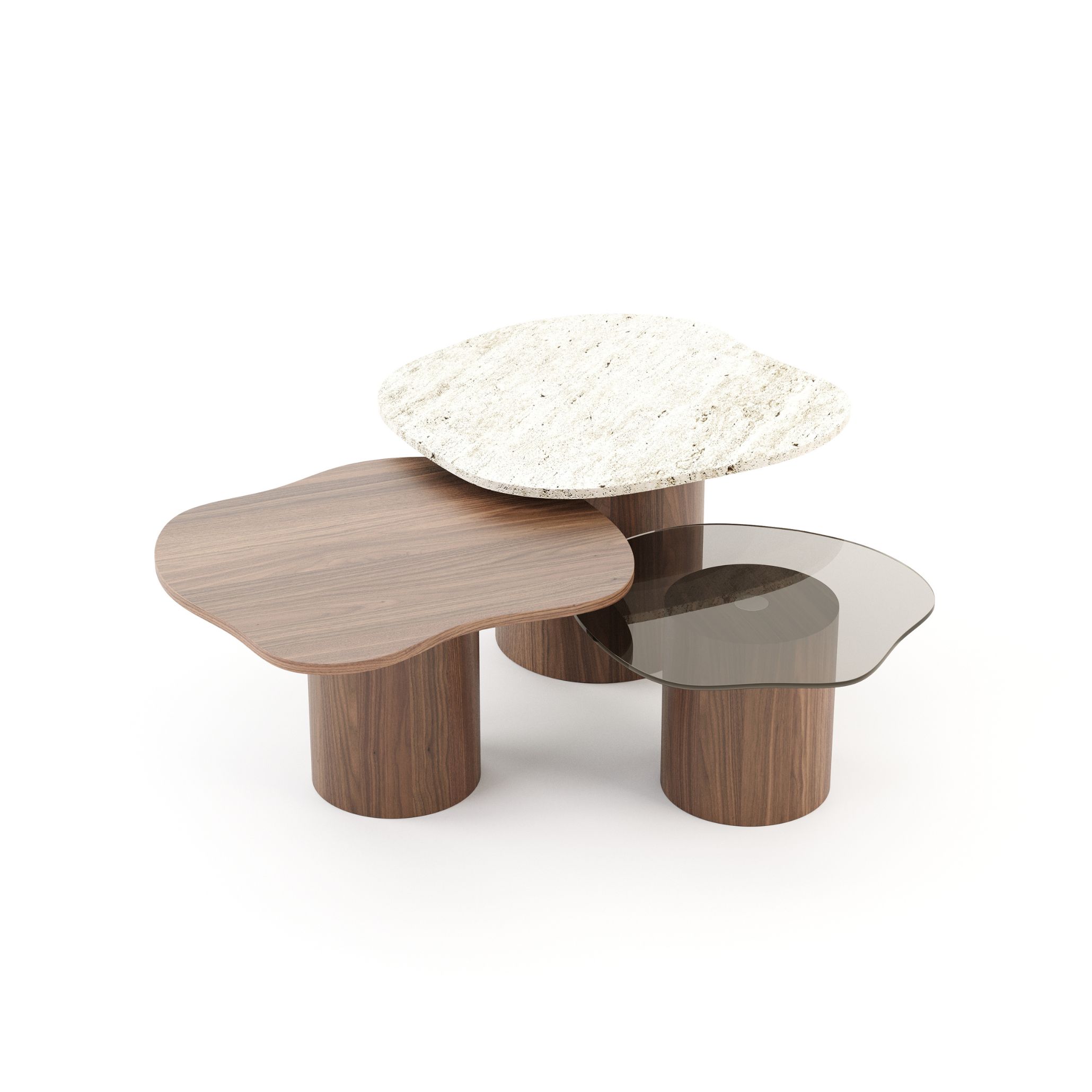 Trio of Natur side tables in travertine, walnut and smoked glass on cylindrical wood bases, an example of understated wellness design through natural materials and calm form.
