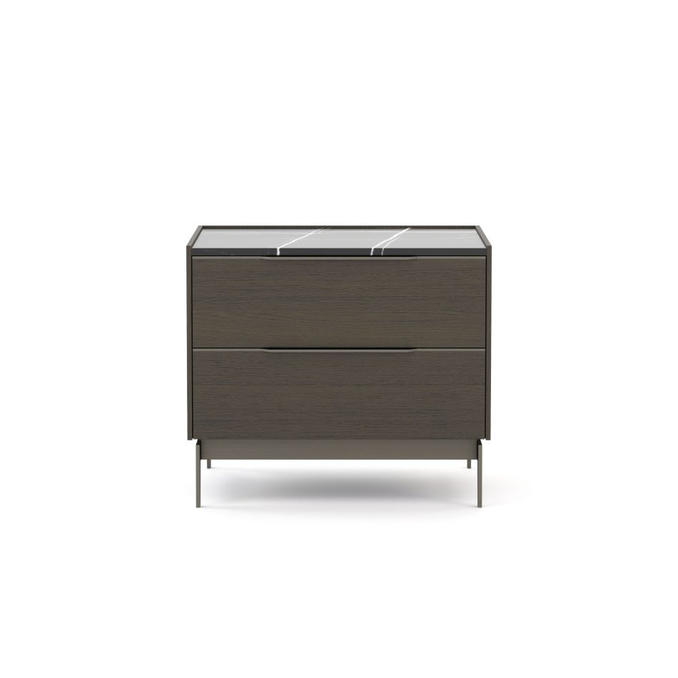 The Landform Night Table II, its symmetrical two-drawer composition in dark wood framed by a Sahara Noir marble top with white veining. Slender metal legs lift the piece with quiet lightness, balancing generous storage with an elegant vertical stance. This piece of contemporary furniture brings considered design details and natural materiality to luxury bedroom furniture built for lasting interiors.