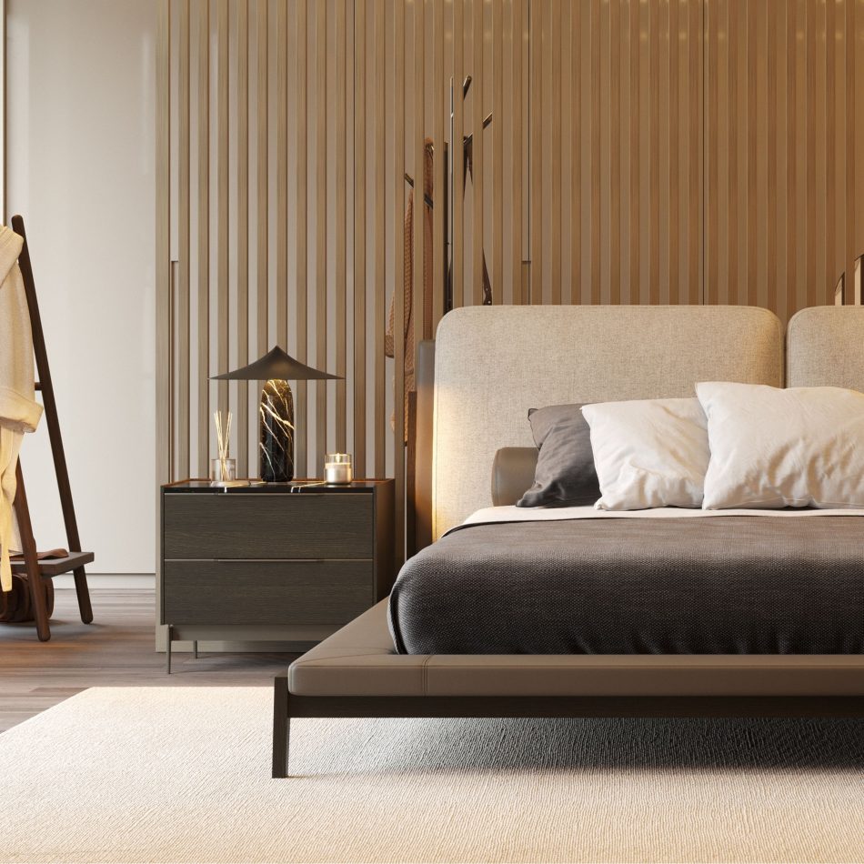 A tranquil bedroom scene where the Landform Night Table II brings subtle sophistication through its finest wood structure and polished Marble Top. Paired with gentle lighting, minimalist bedding, and warm vertical slats, the piece embodies luxury bedroom furniture with timeless design details rooted in contemporary furniture aesthetics.