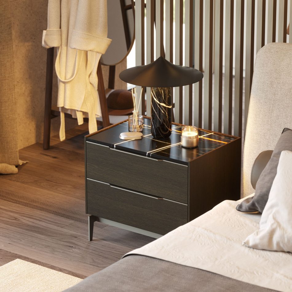 The Landform Night Table II stands in a warm, luxury bedroom corner, its Marble Top and geometric accents enhancing the quiet elegance of the space. Surrounded by soft textures and curated design details, the piece anchors the room with contemporary presence, celebrating finest wood craftsmanship and purposeful bedroom furniture design.