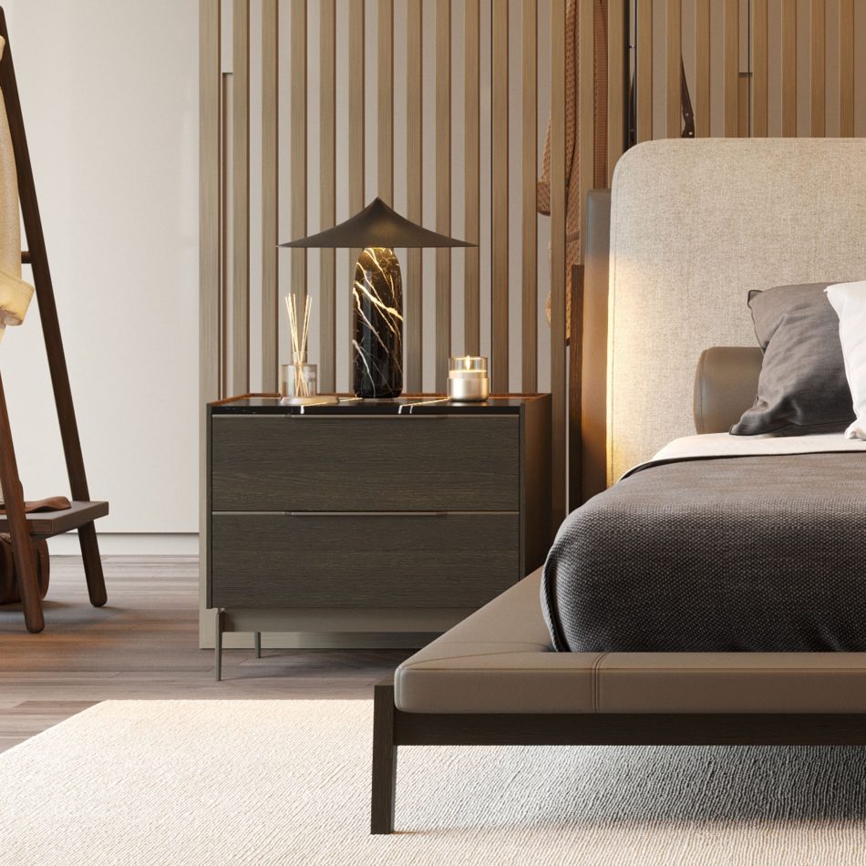 A serene luxury bedroom setting featuring the Landform Night Table II, crafted from finest wood and finished with a refined marble top. Soft lighting highlights its balanced silhouette and thoughtful design details, complementing the contemporary bedding and vertical slatted wall, creating an atmosphere of calm bedroom furniture within a world of contemporary furniture.